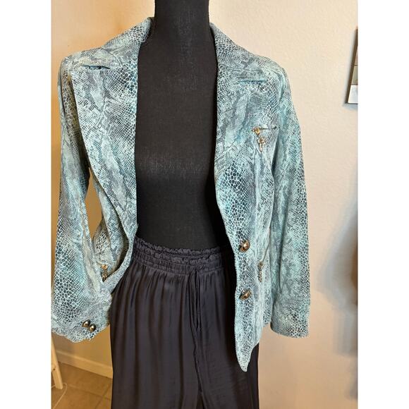 PAMELA MCCOY Turquoise Suede Foil Snake Print Leather Blazer Jacket - Picture 9 of 11